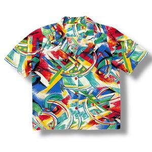 Vintage 80s Abstract Print Button Up Shirt Colorful Maximalist Art Womens